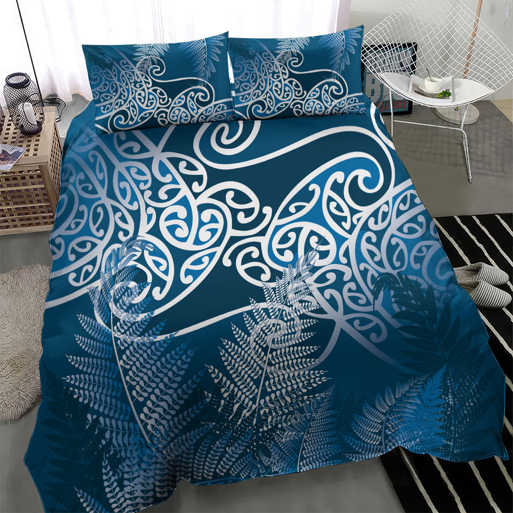 Aotearoa Maori Koru Curves Bedding Set Silver Ferns - Navy Blue LT7 - Polynesian Pride