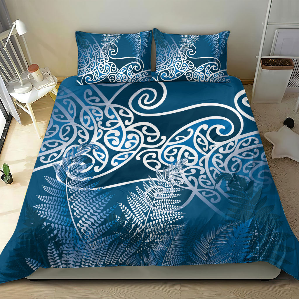Aotearoa Maori Koru Curves Bedding Set Silver Ferns - Navy Blue LT7 - Polynesian Pride