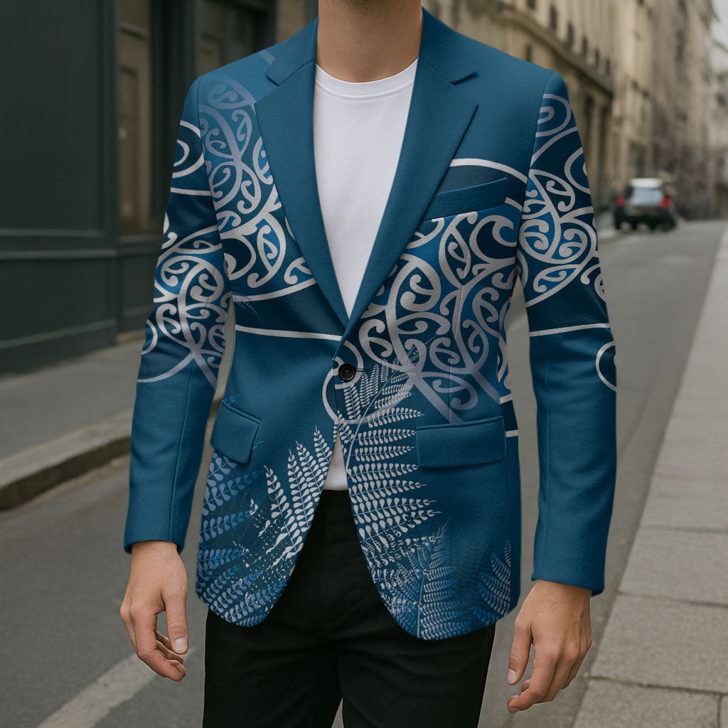 Aotearoa Maori Koru Curves Blazer Silver Ferns - Navy Blue LT7 - Polynesian Pride