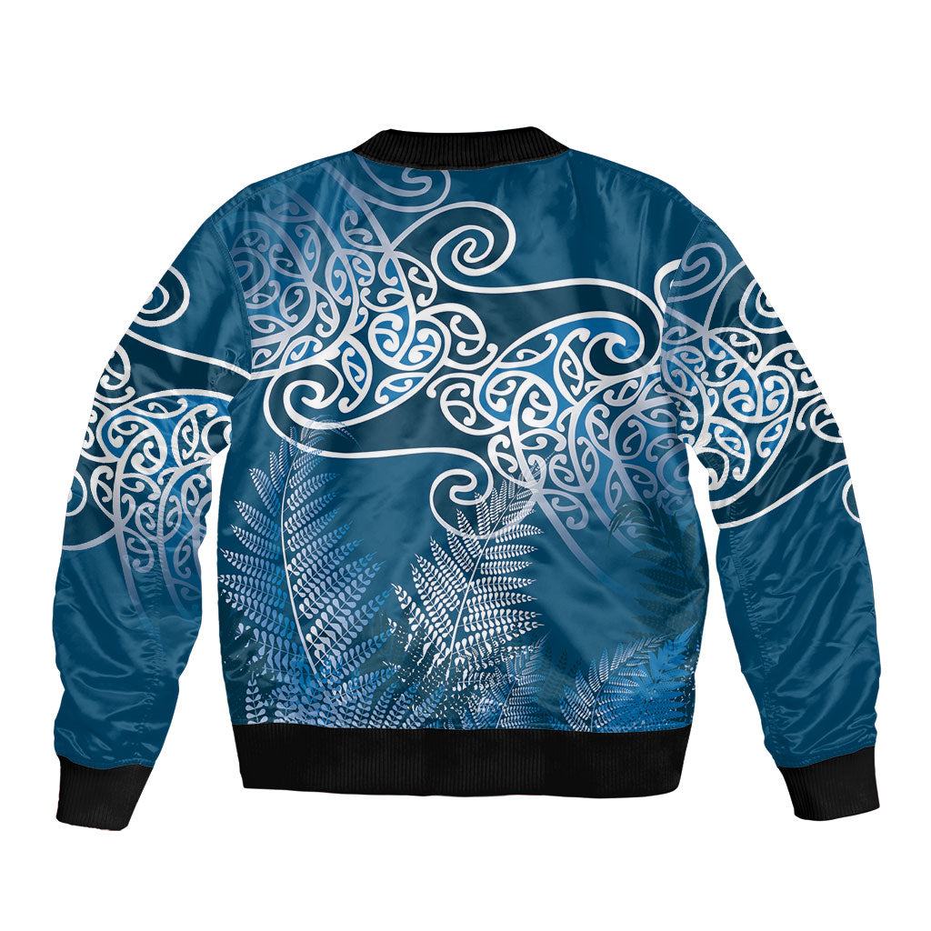 Aotearoa Maori Koru Curves Bomber Jacket Silver Ferns - Navy Blue LT7 - Polynesian Pride