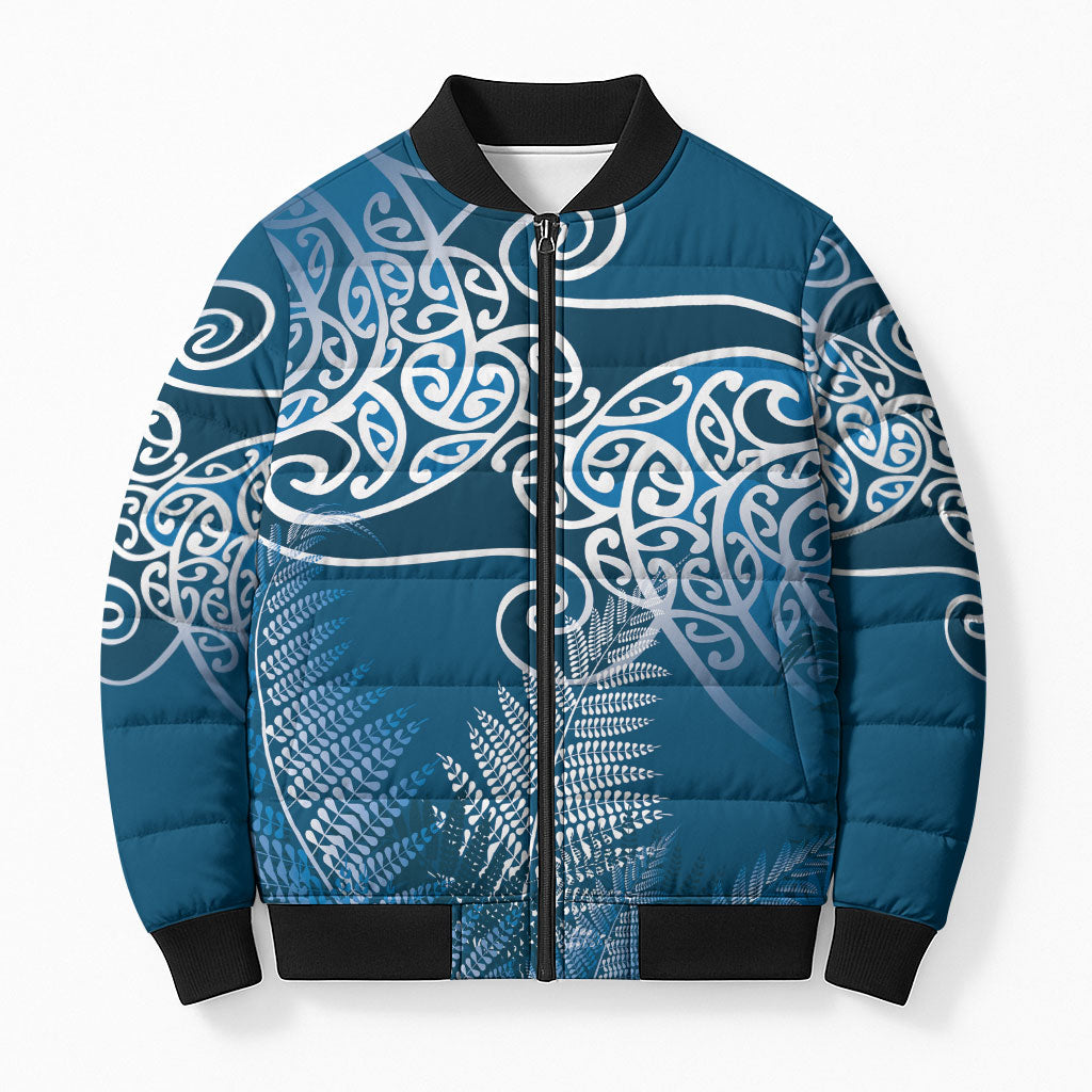 Aotearoa Maori Koru Curves Bomber Puffer Jacket Silver Ferns - Navy Blue LT7 Unisex Navy Blue - Polynesian Pride