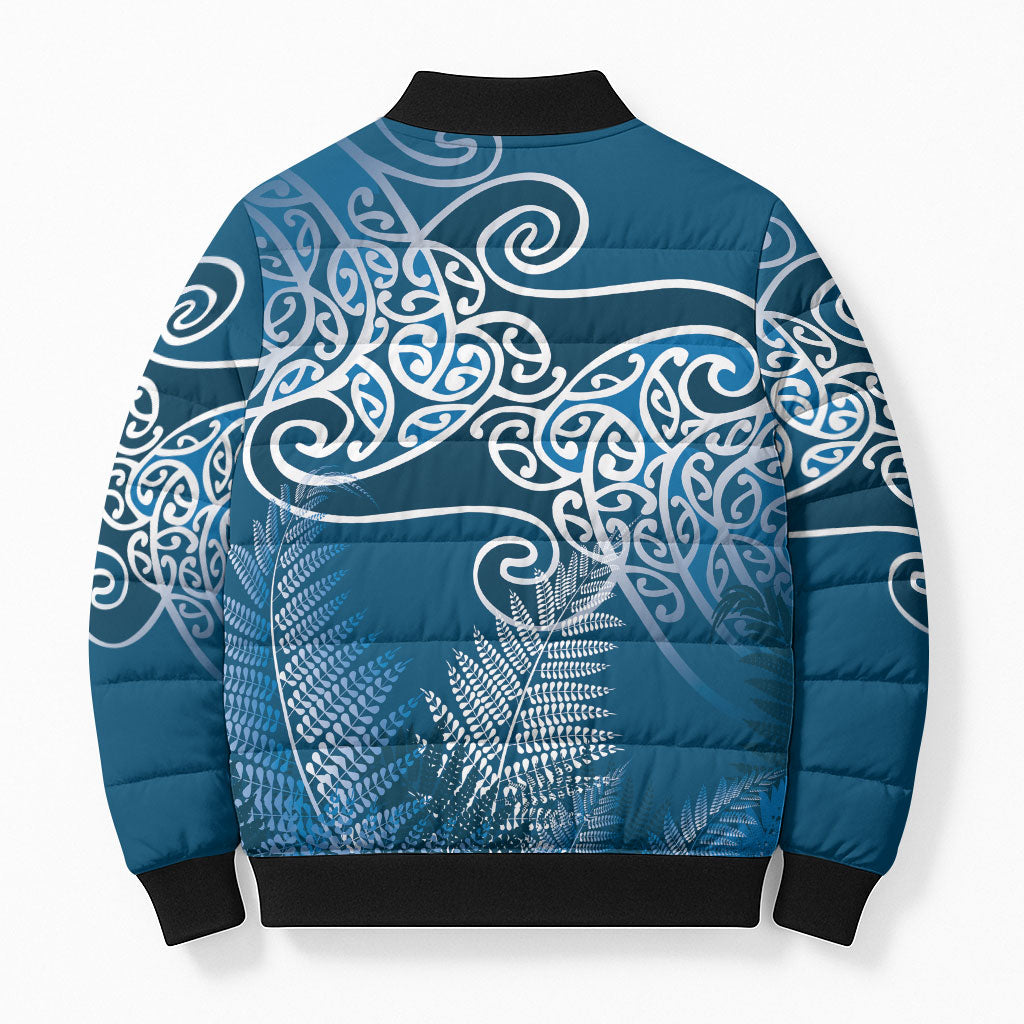 Aotearoa Maori Koru Curves Bomber Puffer Jacket Silver Ferns - Navy Blue LT7 - Polynesian Pride