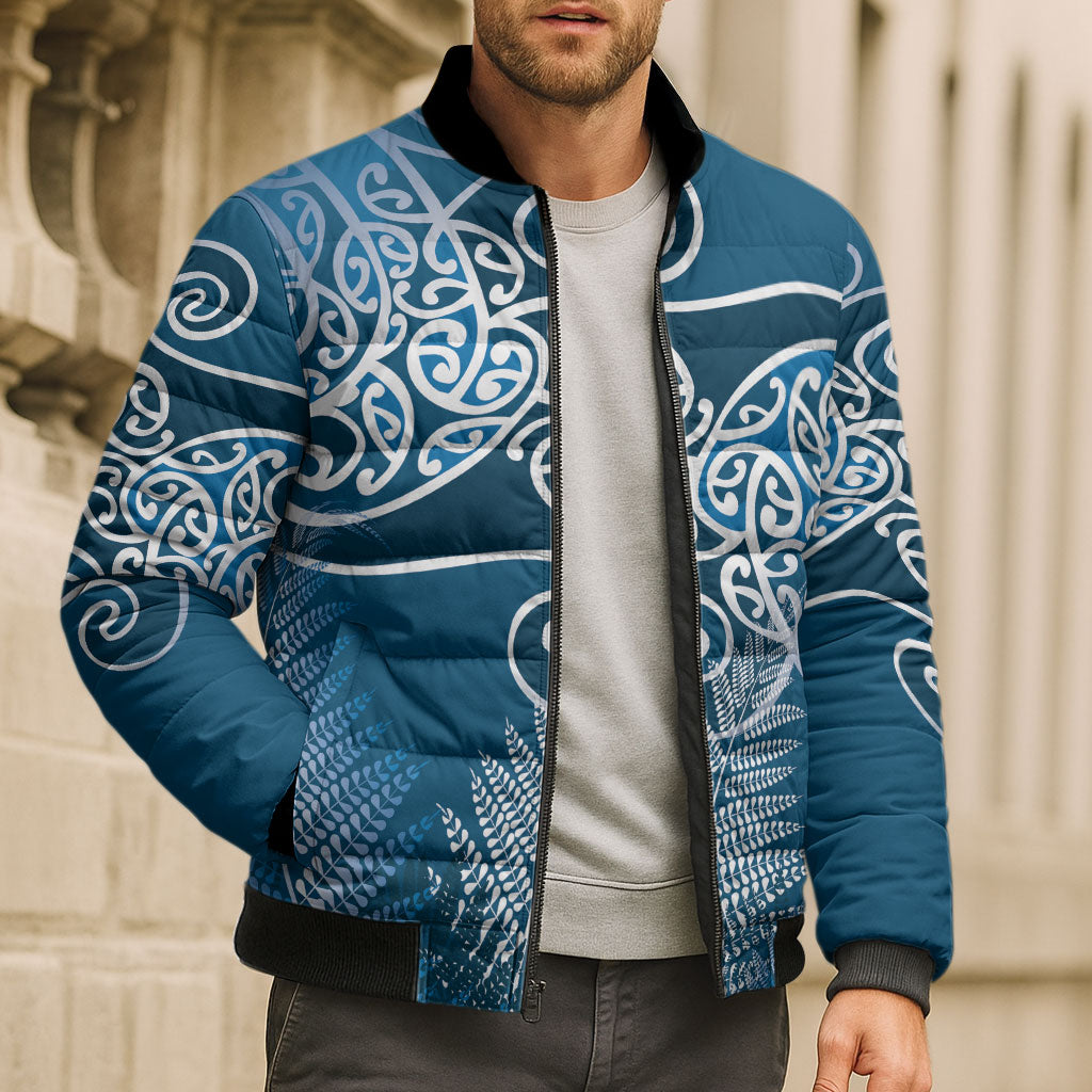 Aotearoa Maori Koru Curves Bomber Puffer Jacket Silver Ferns - Navy Blue LT7 - Polynesian Pride
