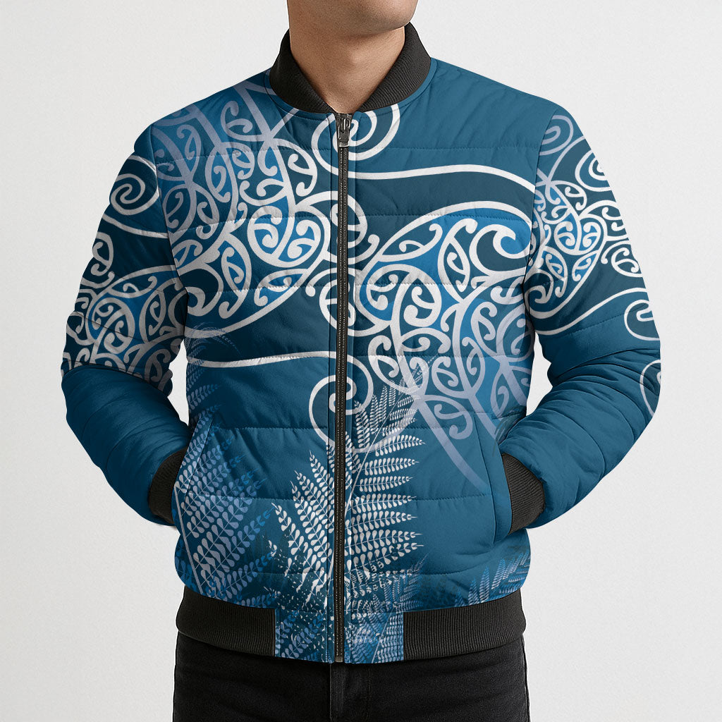 Aotearoa Maori Koru Curves Bomber Puffer Jacket Silver Ferns - Navy Blue LT7 - Polynesian Pride
