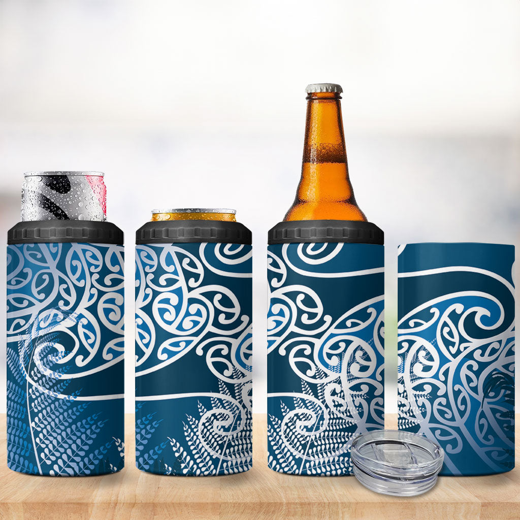 Aotearoa Maori Koru Curves 4 in 1 Can Cooler Tumbler Silver Ferns - Navy Blue LT7 - Polynesian Pride