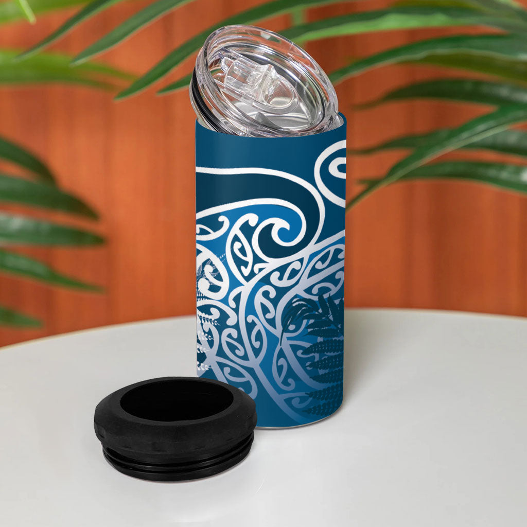 Aotearoa Maori Koru Curves 4 in 1 Can Cooler Tumbler Silver Ferns - Navy Blue LT7 - Polynesian Pride