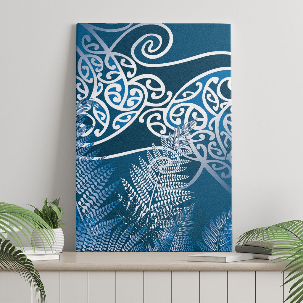 Aotearoa Maori Koru Curves Canvas Wall Art Silver Ferns - Navy Blue