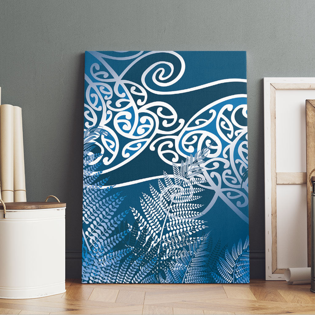 Aotearoa Maori Koru Curves Canvas Wall Art Silver Ferns - Navy Blue