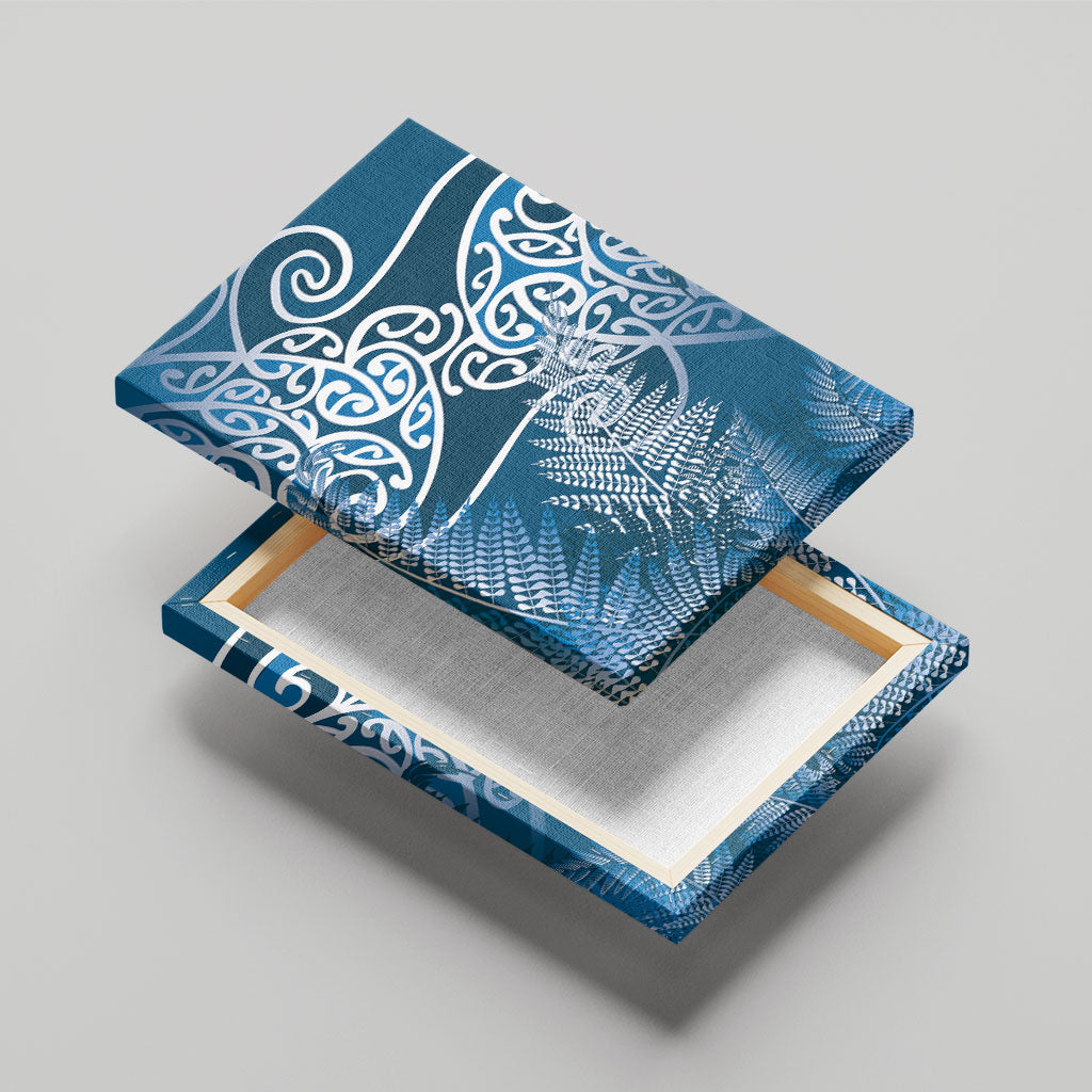 Aotearoa Maori Koru Curves Canvas Wall Art Silver Ferns - Navy Blue