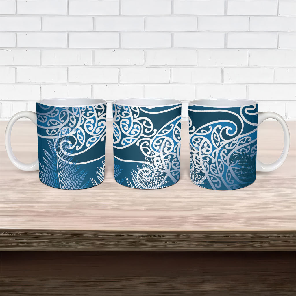 Aotearoa Maori Koru Curves Ceramic Mug Silver Ferns - Navy Blue LT7 - Polynesian Pride