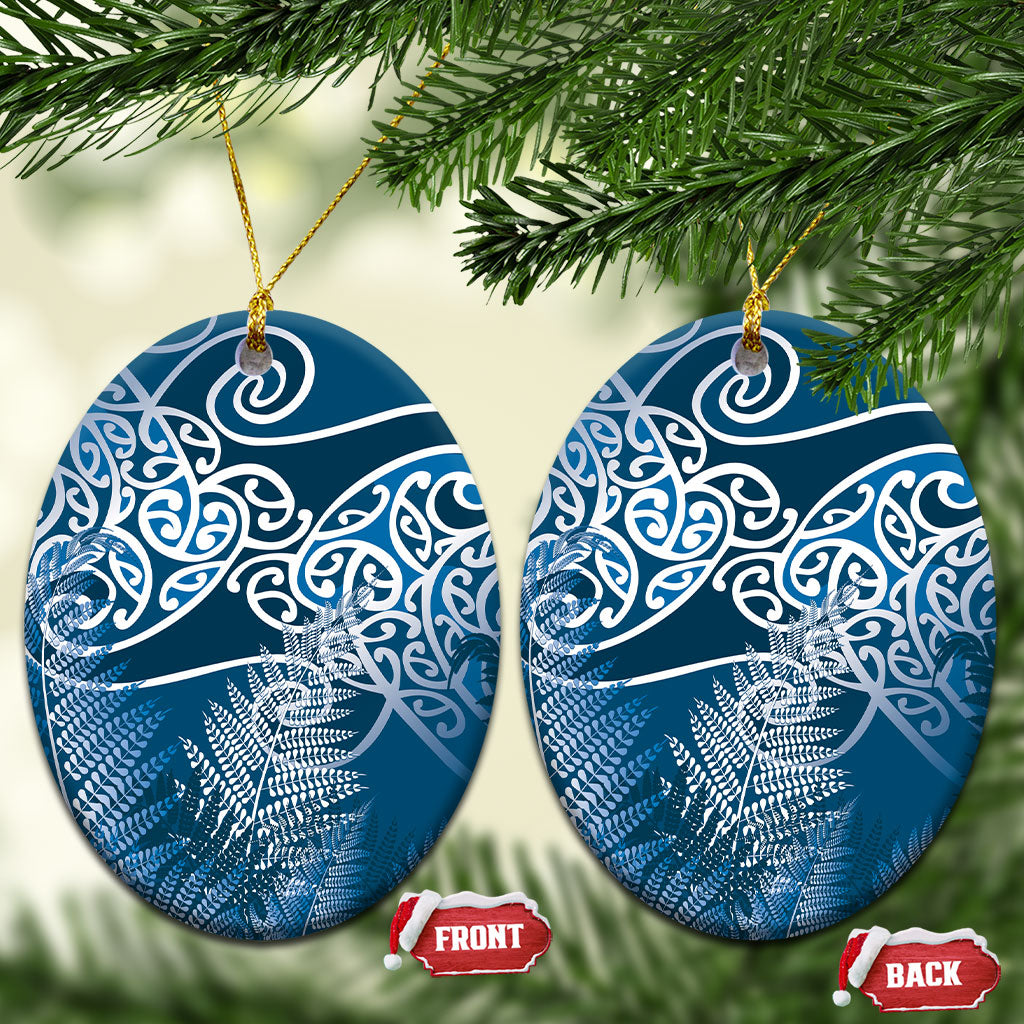 Aotearoa Maori Koru Curves Ceramic Ornament Silver Ferns - Navy Blue LT7 Oval Navy Blue - Polynesian Pride