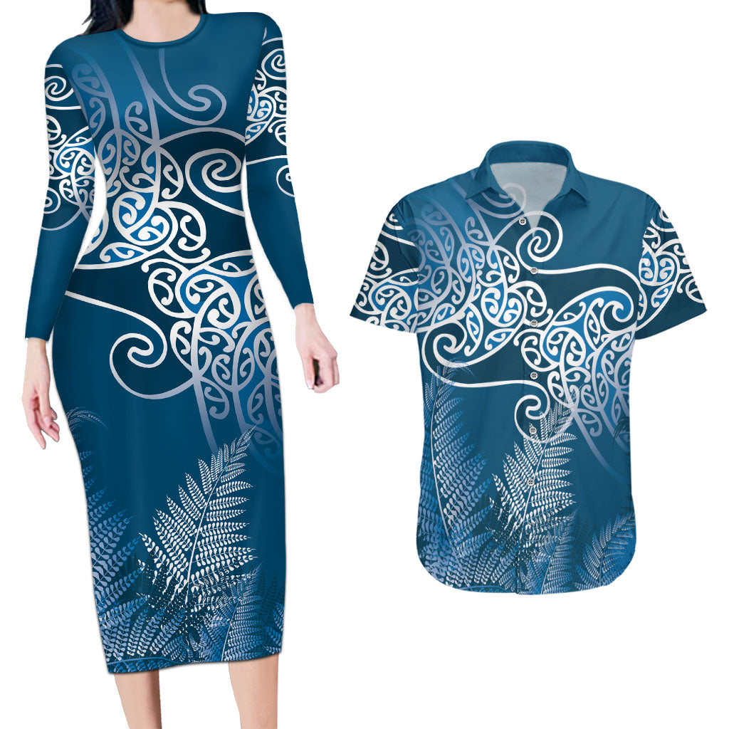 Aotearoa Maori Koru Curves Couples Matching Long Sleeve Bodycon Dress and Hawaiian Shirt Silver Ferns - Navy Blue LT7 Navy Blue - Polynesian Pride