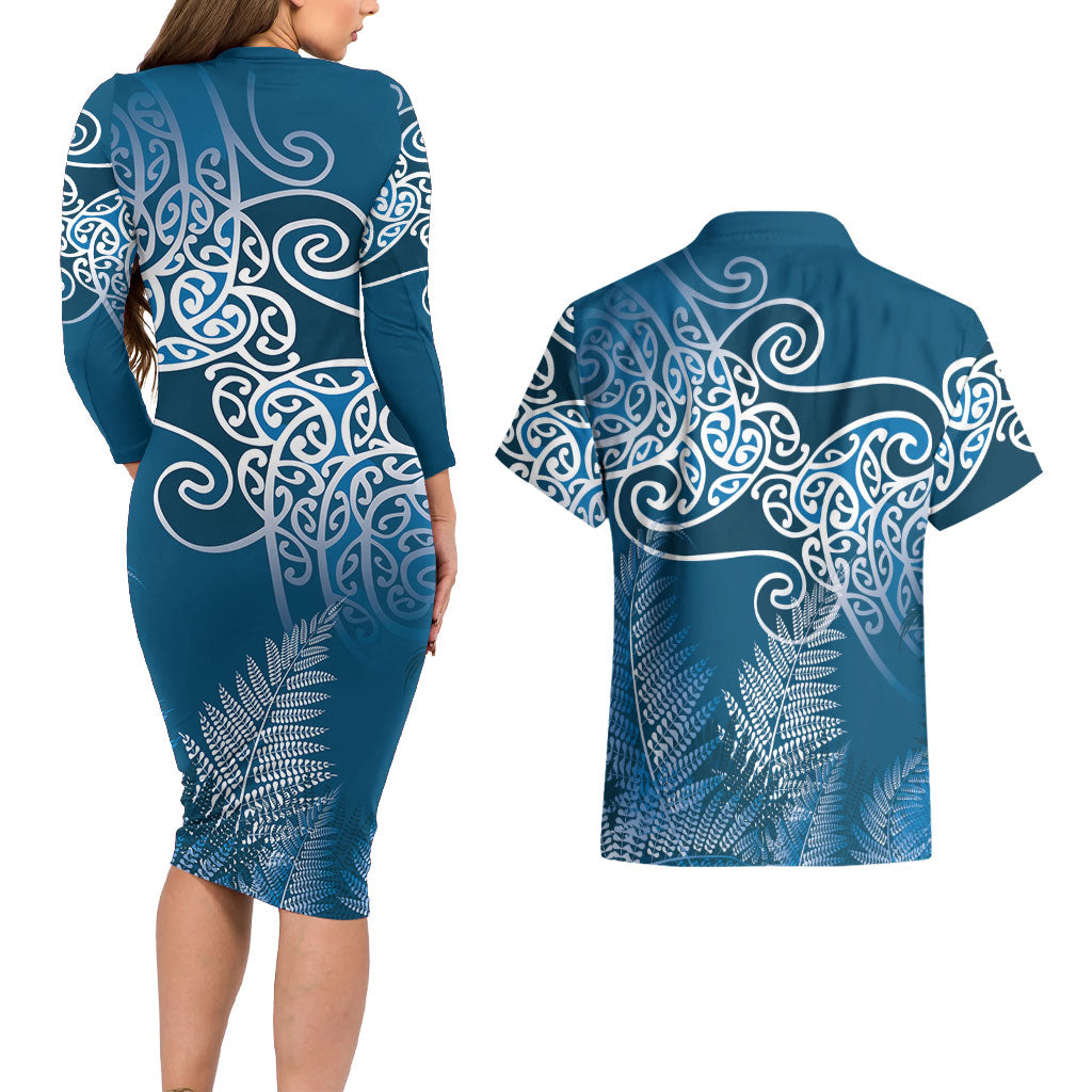 Aotearoa Maori Koru Curves Couples Matching Long Sleeve Bodycon Dress and Hawaiian Shirt Silver Ferns - Navy Blue