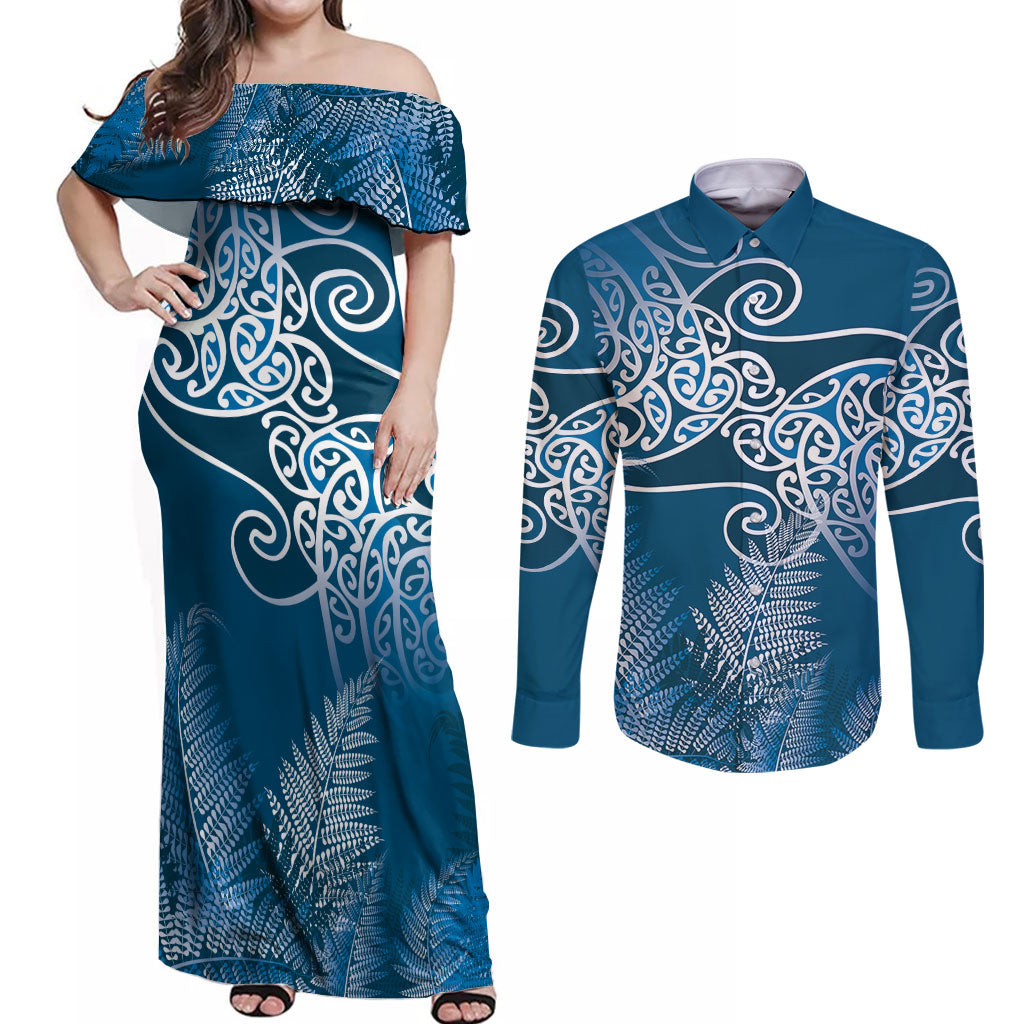 Aotearoa Maori Koru Curves Couples Matching Off Shoulder Maxi Dress and Long Sleeve Button Shirt Silver Ferns - Navy Blue LT7 Navy Blue - Polynesian Pride