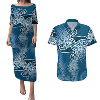 Aotearoa Maori Koru Curves Couples Matching Puletasi and Hawaiian Shirt Silver Ferns - Navy Blue LT7 Navy Blue - Polynesian Pride