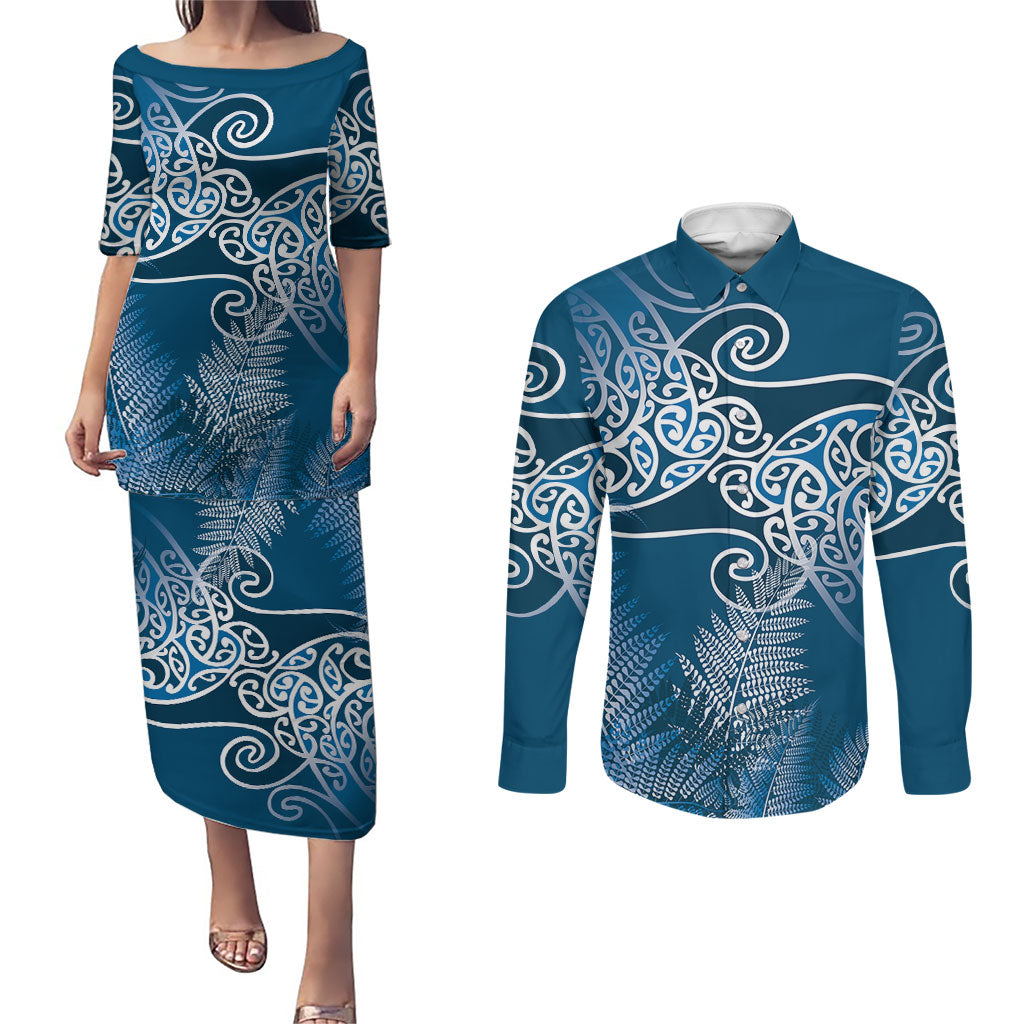 Aotearoa Maori Koru Curves Couples Matching Puletasi and Long Sleeve Button Shirt Silver Ferns - Navy Blue LT7 Navy Blue - Polynesian Pride