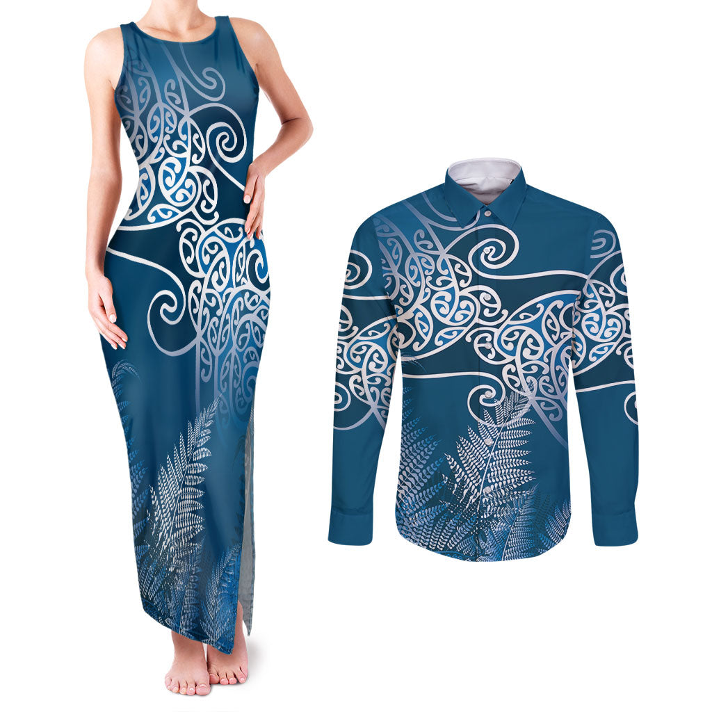 Aotearoa Maori Koru Curves Couples Matching Tank Maxi Dress and Long Sleeve Button Shirt Silver Ferns - Navy Blue LT7 Navy Blue - Polynesian Pride