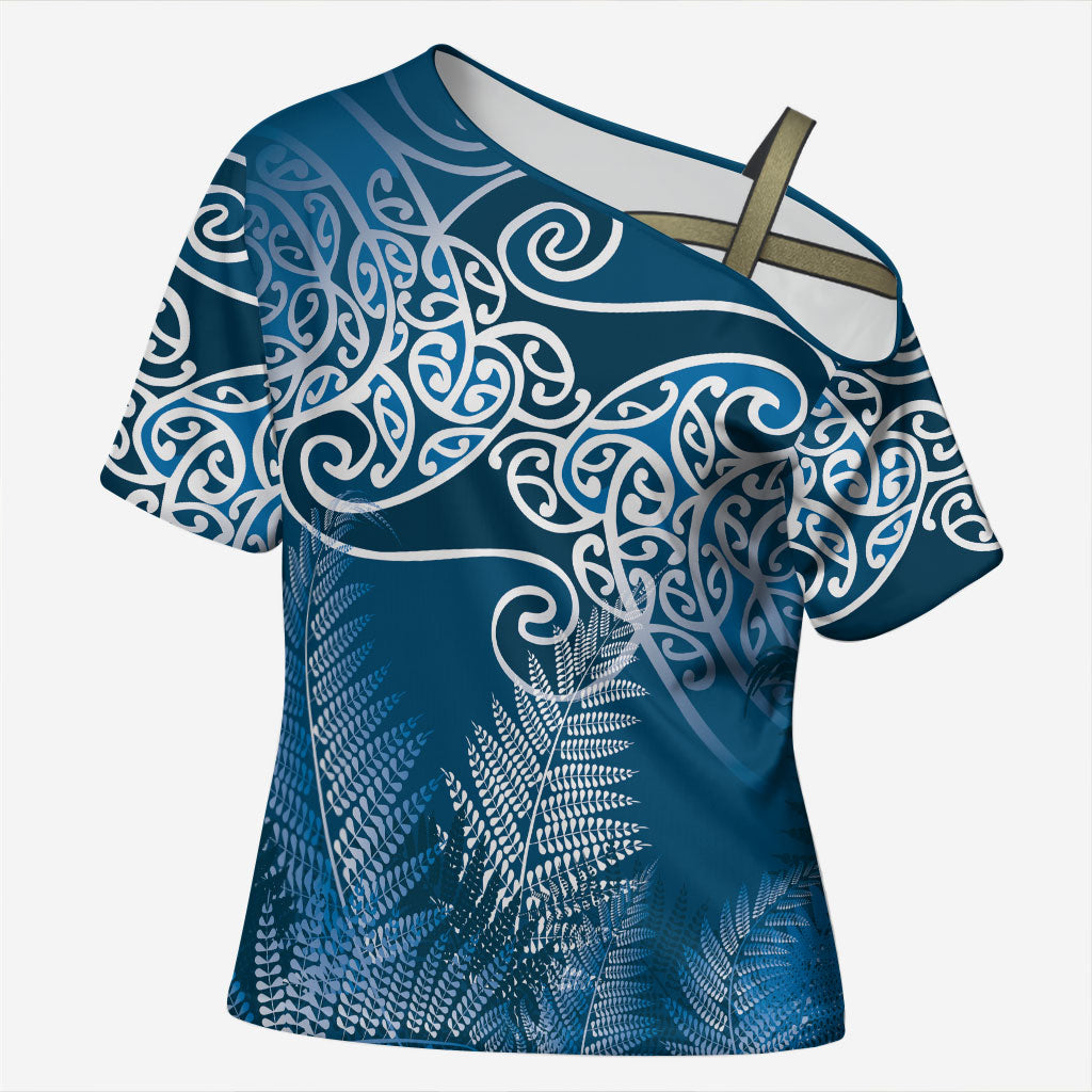 Aotearoa Maori Koru Curves Cross Shoulder Shirt Silver Ferns - Navy Blue LT7 Female Navy Blue - Polynesian Pride