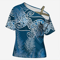 Aotearoa Maori Koru Curves Cross Shoulder Shirt Silver Ferns - Navy Blue LT7 Female Navy Blue - Polynesian Pride