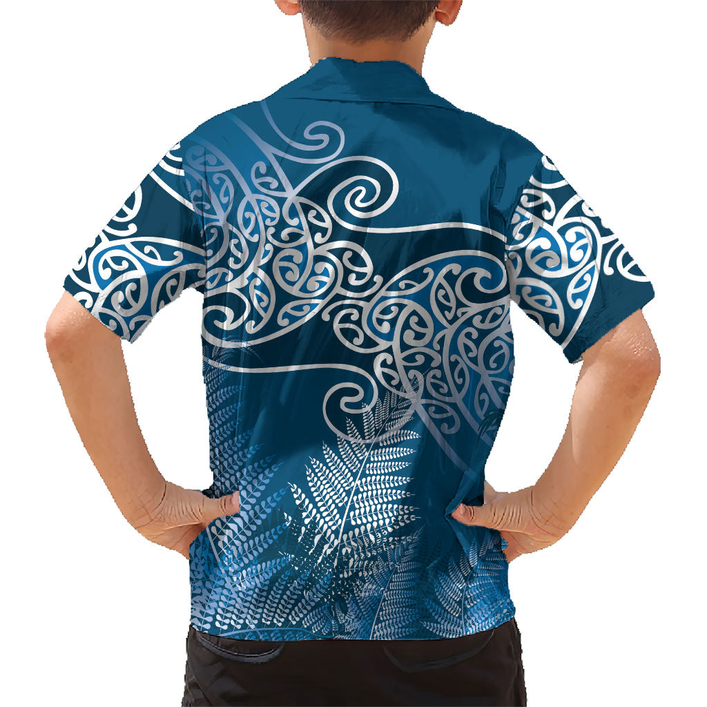 Aotearoa Maori Koru Curves Family Matching Long Sleeve Bodycon Dress and Hawaiian Shirt Silver Ferns - Navy Blue
