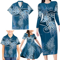 Aotearoa Maori Koru Curves Family Matching Long Sleeve Bodycon Dress and Hawaiian Shirt Silver Ferns - Navy Blue
