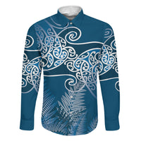Aotearoa Maori Koru Curves Family Matching Long Sleeve Bodycon Dress and Hawaiian Shirt Silver Ferns - Navy Blue