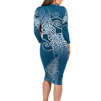 Aotearoa Maori Koru Curves Family Matching Long Sleeve Bodycon Dress and Hawaiian Shirt Silver Ferns - Navy Blue