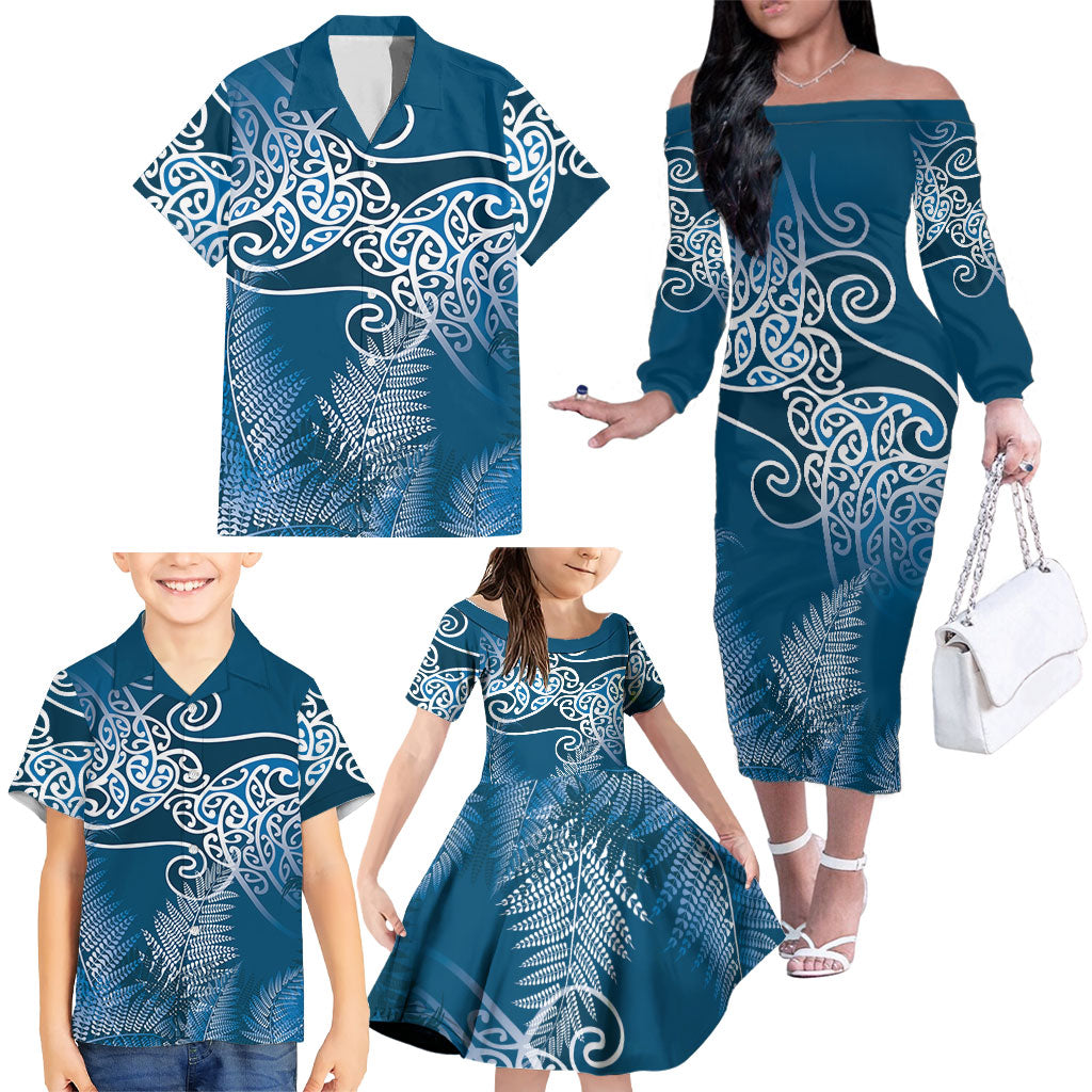 Aotearoa Maori Koru Curves Family Matching Off The Shoulder Long Sleeve Dress and Hawaiian Shirt Silver Ferns - Navy Blue LT7 - Polynesian Pride