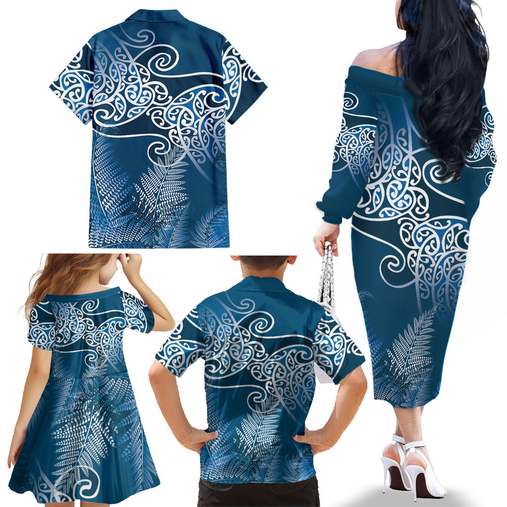 Aotearoa Maori Koru Curves Family Matching Off The Shoulder Long Sleeve Dress and Hawaiian Shirt Silver Ferns - Navy Blue