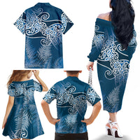 Aotearoa Maori Koru Curves Family Matching Off The Shoulder Long Sleeve Dress and Hawaiian Shirt Silver Ferns - Navy Blue