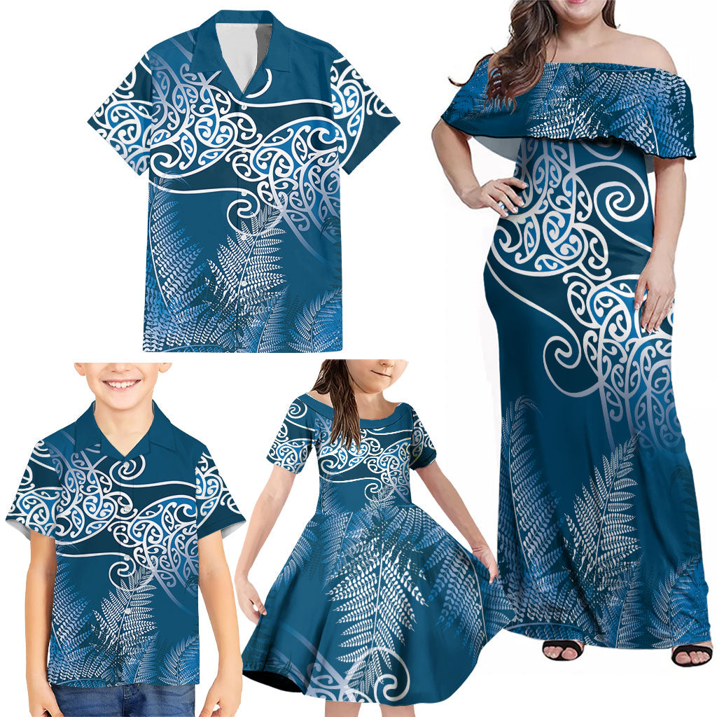 Aotearoa Maori Koru Curves Family Matching Off Shoulder Maxi Dress and Hawaiian Shirt Silver Ferns - Navy Blue LT7 - Polynesian Pride