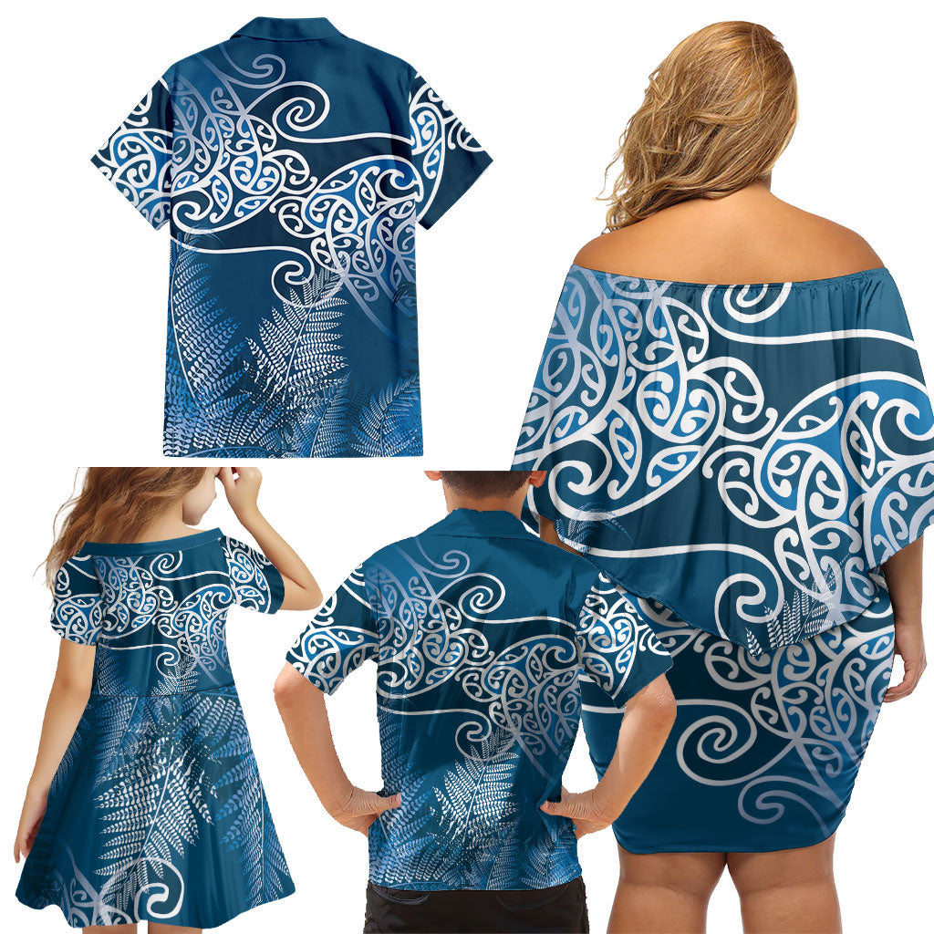 Aotearoa Maori Koru Curves Family Matching Off Shoulder Short Dress and Hawaiian Shirt Silver Ferns - Navy Blue