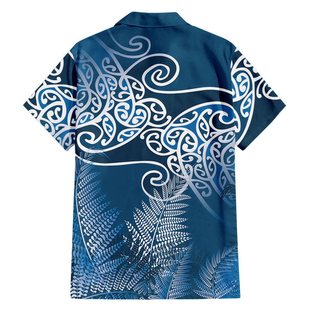Aotearoa Maori Koru Curves Family Matching Off Shoulder Short Dress and Hawaiian Shirt Silver Ferns - Navy Blue