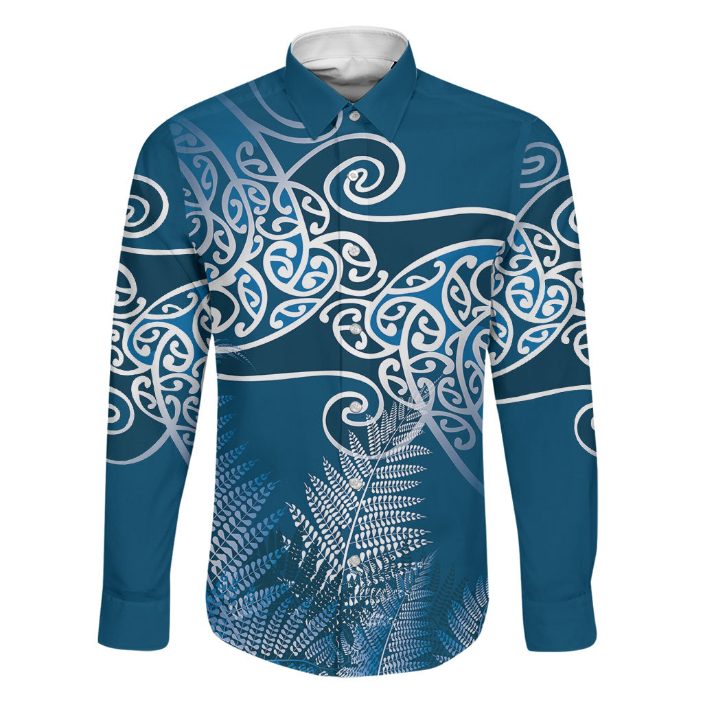 Aotearoa Maori Koru Curves Family Matching Off Shoulder Short Dress and Hawaiian Shirt Silver Ferns - Navy Blue