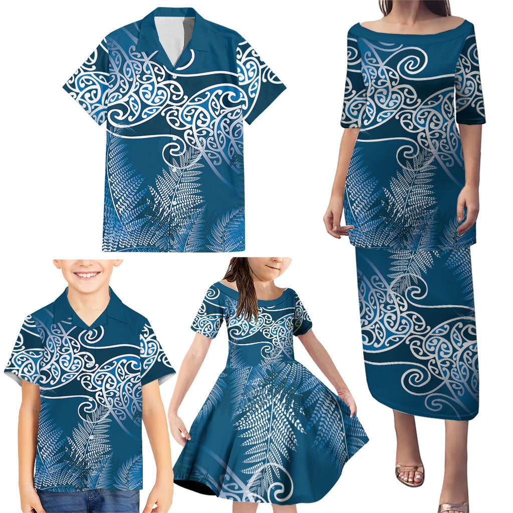 Aotearoa Maori Koru Curves Family Matching Puletasi and Hawaiian Shirt Silver Ferns - Navy Blue LT7 - Polynesian Pride