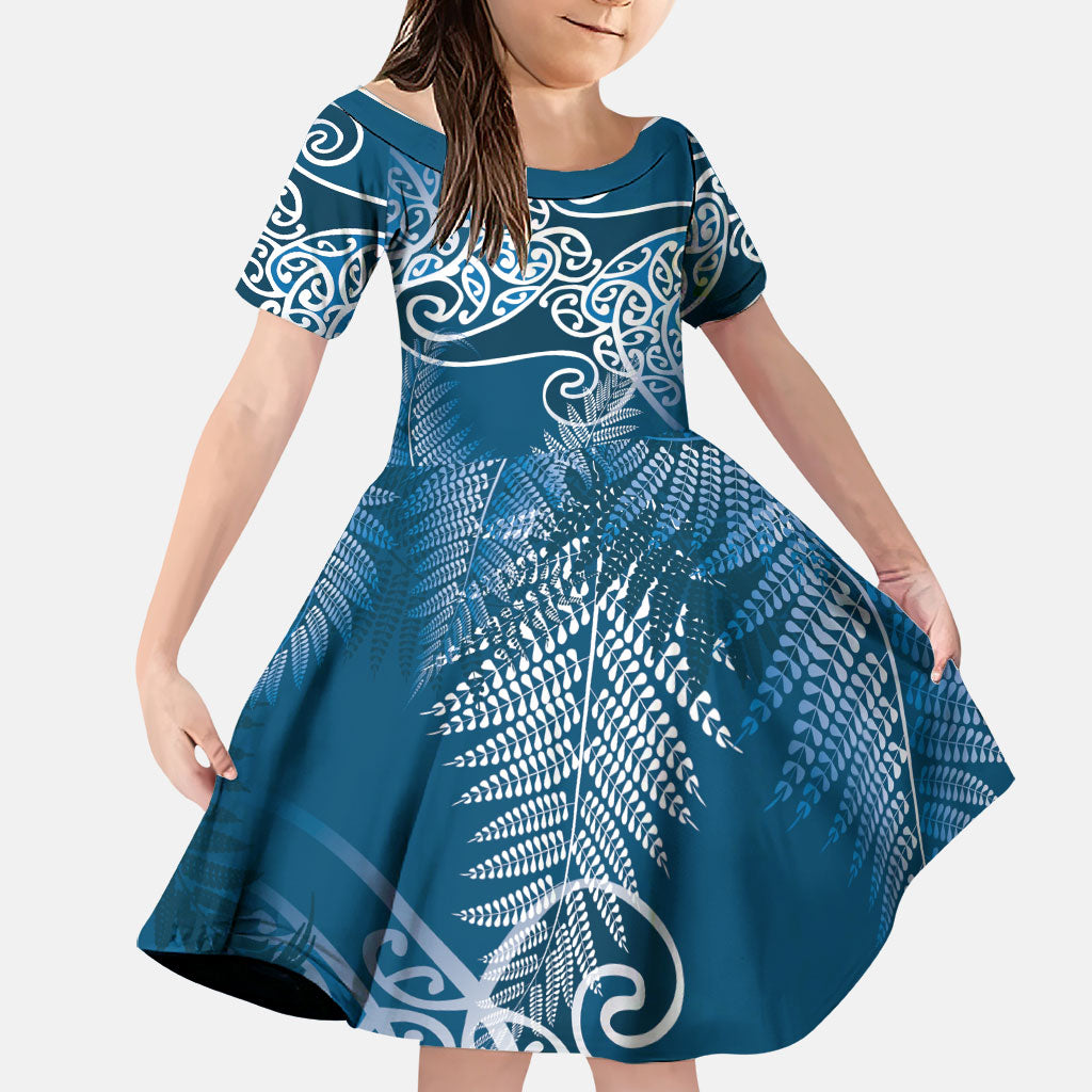 Aotearoa Maori Koru Curves Family Matching Summer Maxi Dress and Hawaiian Shirt Silver Ferns - Navy Blue