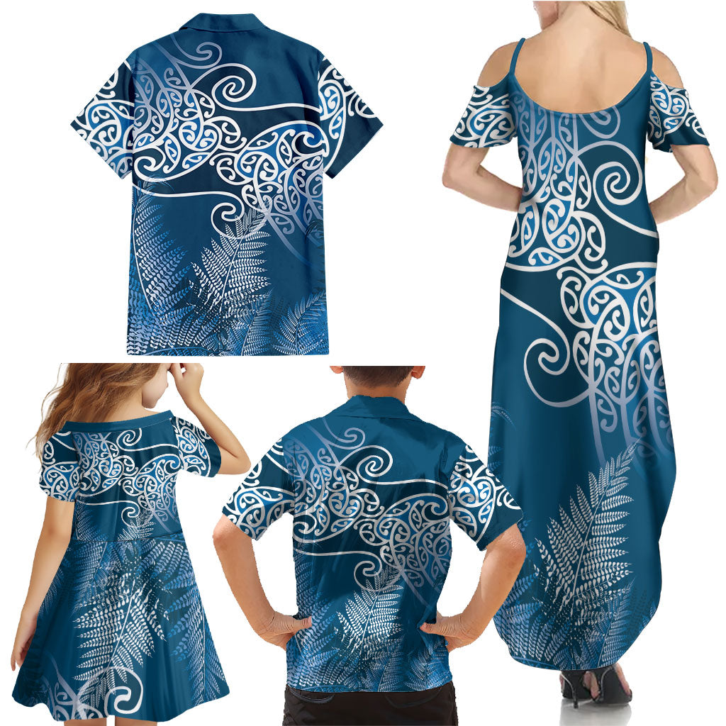 Aotearoa Maori Koru Curves Family Matching Summer Maxi Dress and Hawaiian Shirt Silver Ferns - Navy Blue