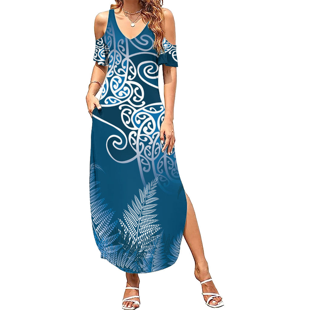 Aotearoa Maori Koru Curves Family Matching Summer Maxi Dress and Hawaiian Shirt Silver Ferns - Navy Blue