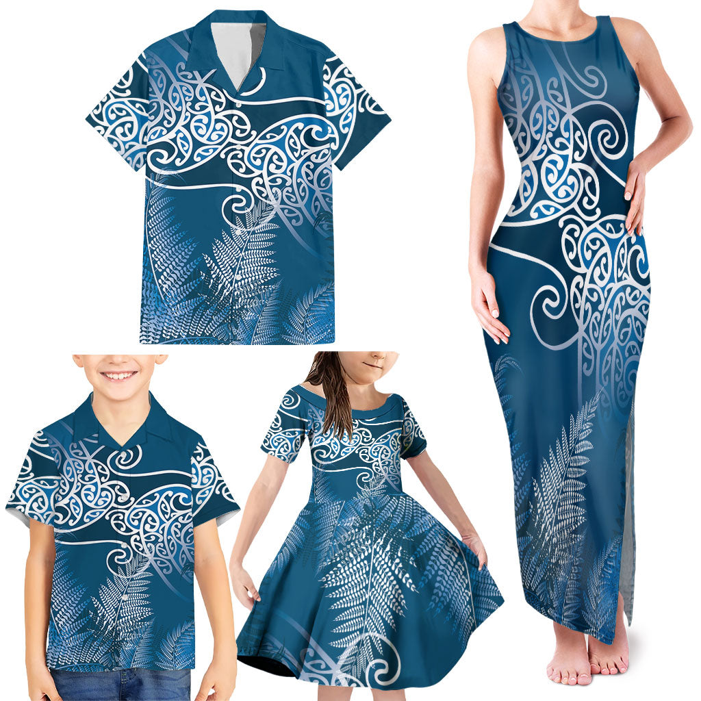 Aotearoa Maori Koru Curves Family Matching Tank Maxi Dress and Hawaiian Shirt Silver Ferns - Navy Blue LT7 - Polynesian Pride