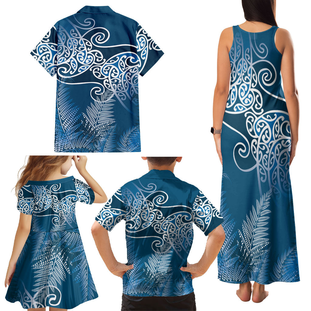 Aotearoa Maori Koru Curves Family Matching Tank Maxi Dress and Hawaiian Shirt Silver Ferns - Navy Blue