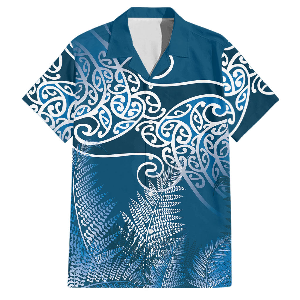 Aotearoa Maori Koru Curves Family Matching Tank Maxi Dress and Hawaiian Shirt Silver Ferns - Navy Blue