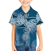 Aotearoa Maori Koru Curves Family Matching Tank Maxi Dress and Hawaiian Shirt Silver Ferns - Navy Blue