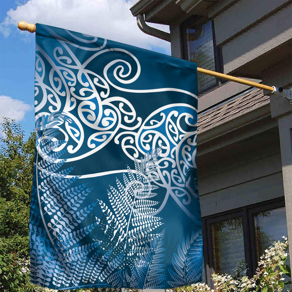 Aotearoa Maori Koru Curves Garden Flag Silver Ferns - Navy Blue LT7 - Polynesian Pride