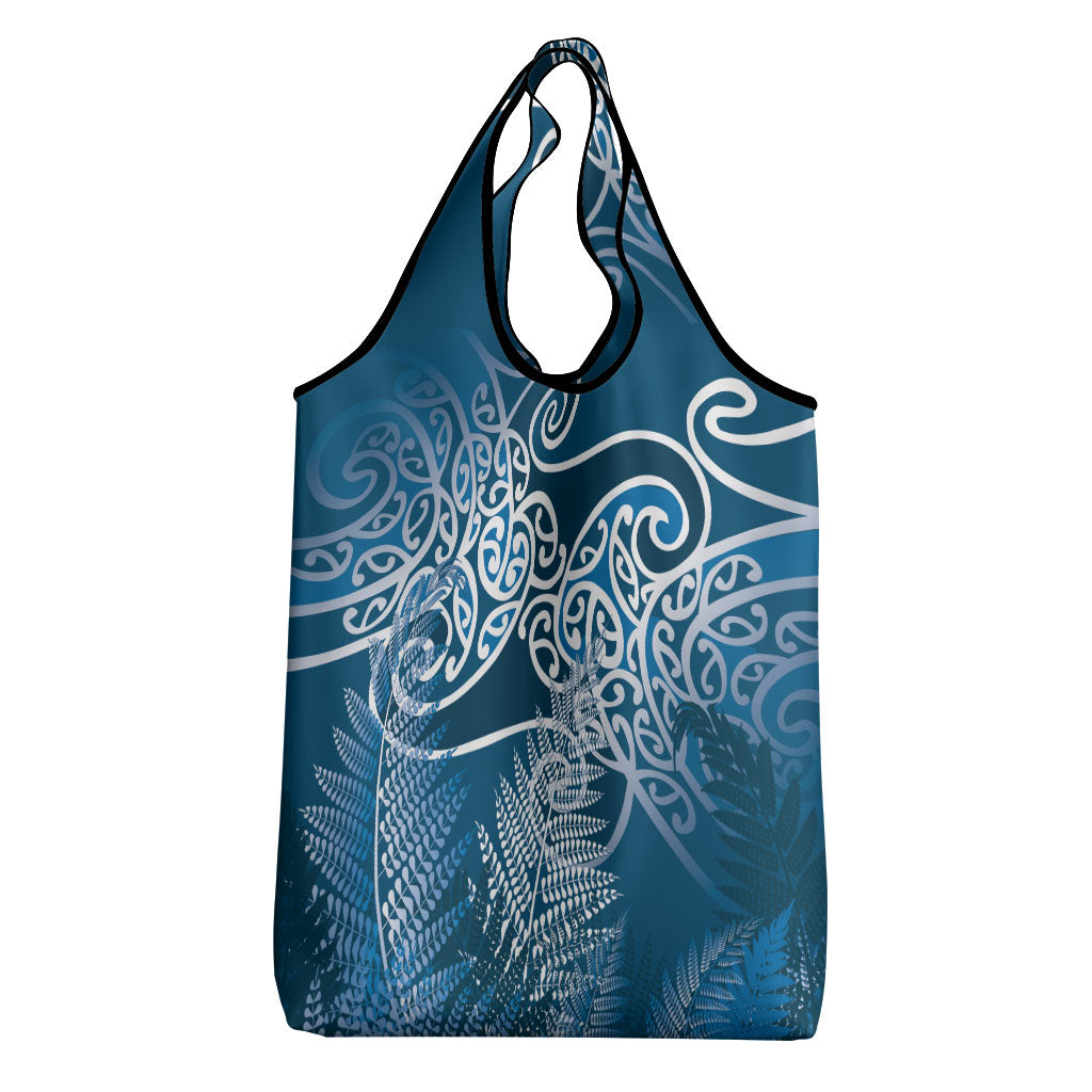 Aotearoa Maori Koru Curves Grocery Bag Silver Ferns - Navy Blue LT7 - Polynesian Pride