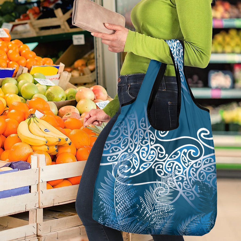 Aotearoa Maori Koru Curves Grocery Bag Silver Ferns - Navy Blue LT7 - Polynesian Pride