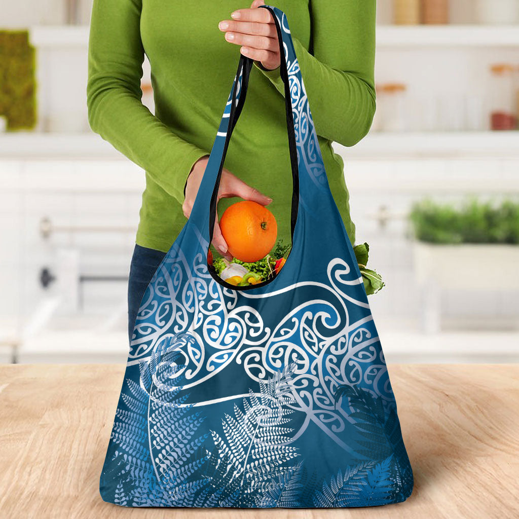 Aotearoa Maori Koru Curves Grocery Bag Silver Ferns - Navy Blue LT7 - Polynesian Pride
