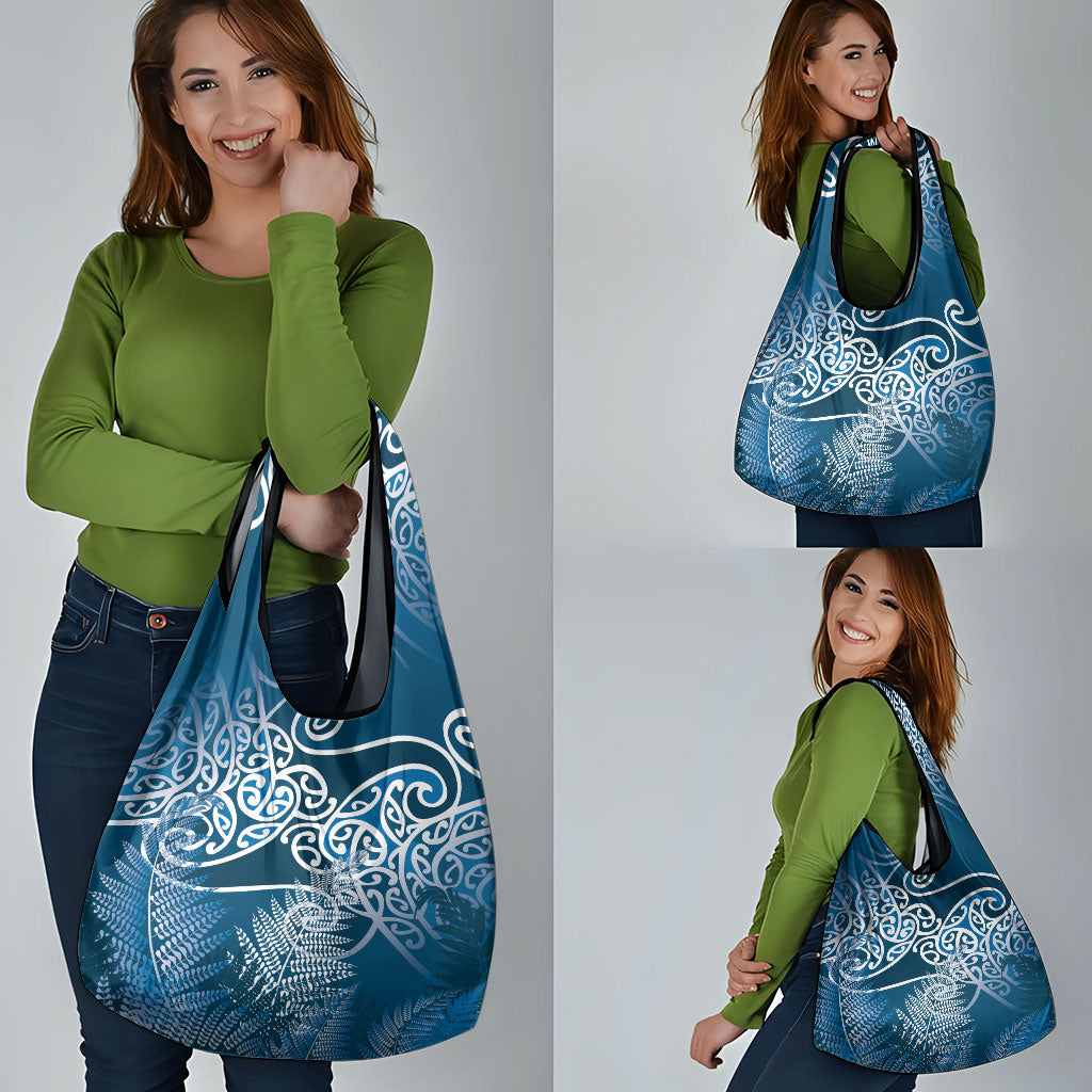 Aotearoa Maori Koru Curves Grocery Bag Silver Ferns - Navy Blue LT7 - Polynesian Pride
