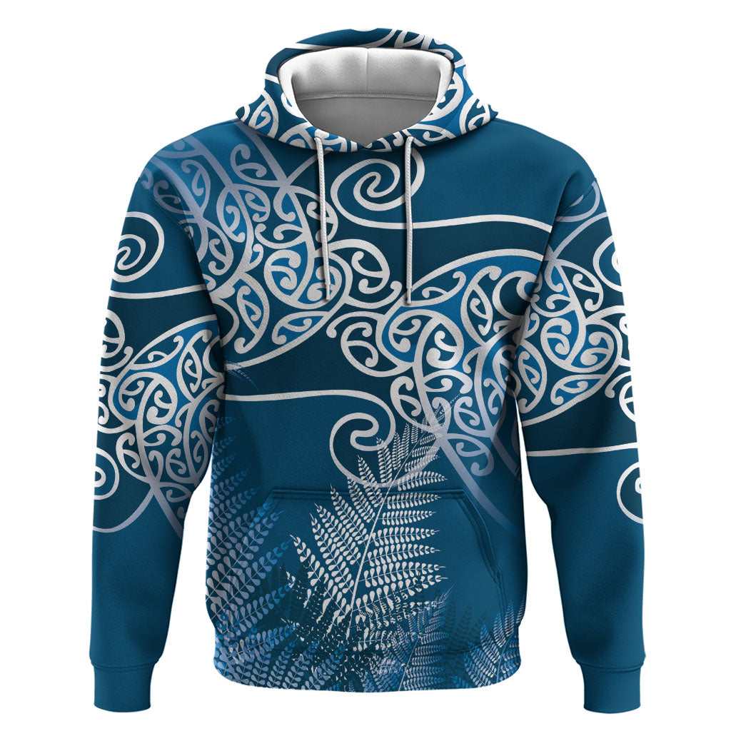 Aotearoa Maori Koru Curves Hoodie Silver Ferns - Navy Blue LT7 Pullover Hoodie Navy Blue - Polynesian Pride
