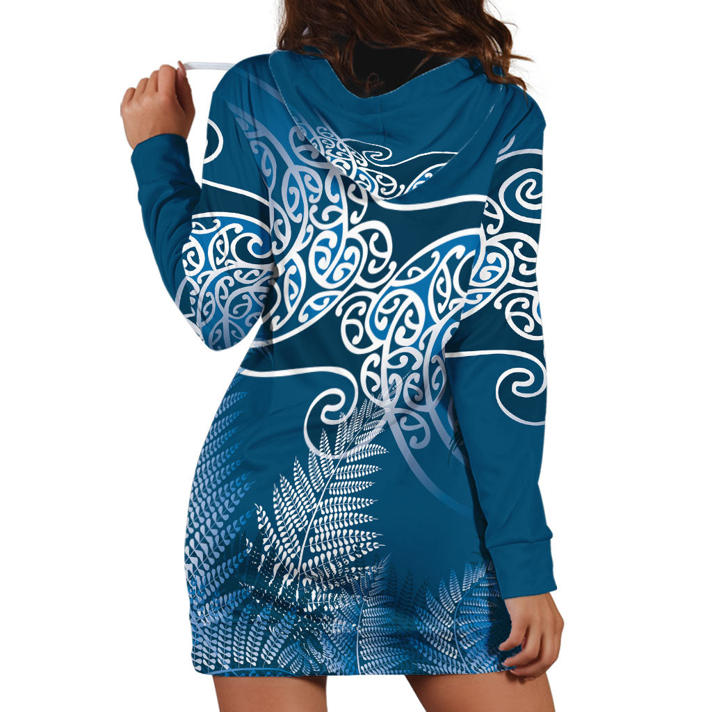Aotearoa Maori Koru Curves Hoodie Dress Silver Ferns - Navy Blue