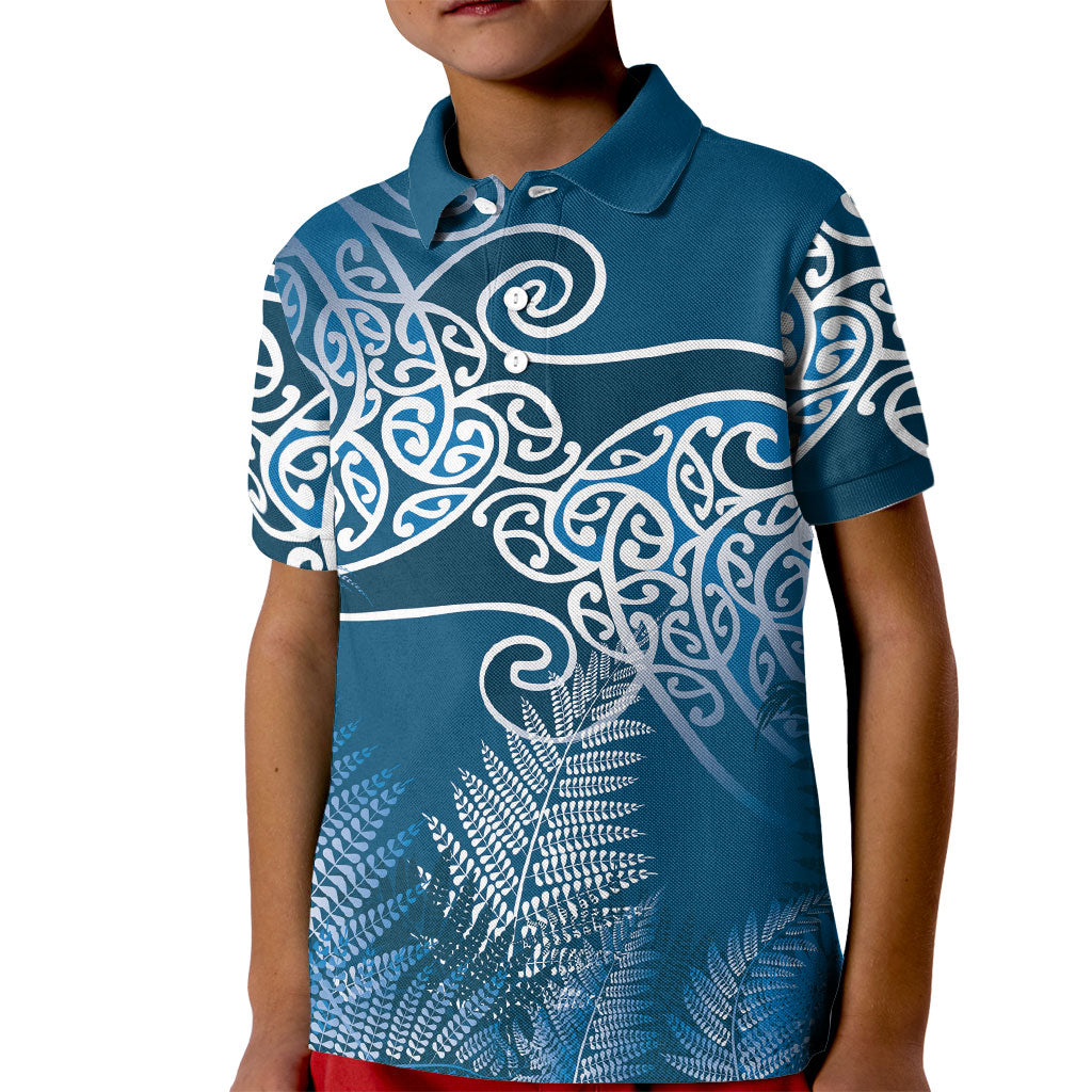 Aotearoa Maori Koru Curves Kid Polo Shirt Silver Ferns - Navy Blue LT7 Kid Navy Blue - Polynesian Pride